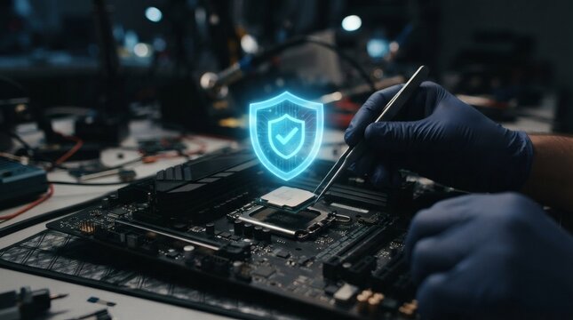 Cybersecurity concept with technician installing CPU on motherboard with glowing shield icon