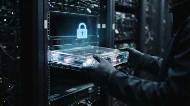 Cybersecurity expert installing secure server hardware in data center with padlock icon