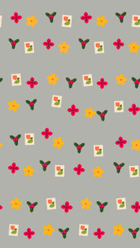 Pattern of flowers, holly berries, and framed art
