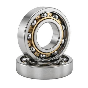 Industrial steel ball bearings with brass cage showing precision engineering and mechanical rotation components.