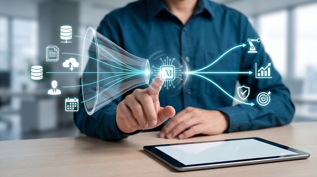 Professional businessman using digital tablet to control artificial intelligence data funnel processing various business icons in modern office environment with blurred background for corporate tech