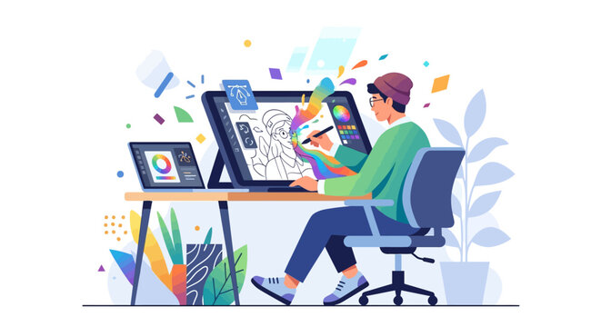 Creative graphic designer illustrating digital artwork on pen display tablet in modern studio flat vector illustration.