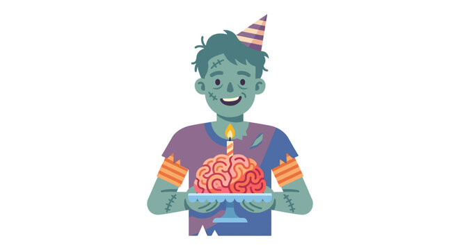 Happy cartoon zombie character holding a brain with a birthday candle celebrating a spooky party flat vector illustration.