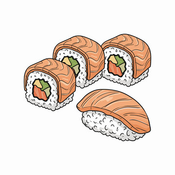 Assorted Japanese Salmon Sushi Nigiri And Maki
