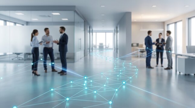 Business team collaborating in a modern office hallway with a glowing blue digital network path overlay representing interconnected workflows and internal communication systems