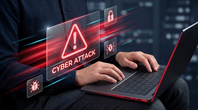 Professional hands typing on a laptop with a glowing red cyber attack warning interface overlay showing security vulnerabilities and malware detection for digital data protection