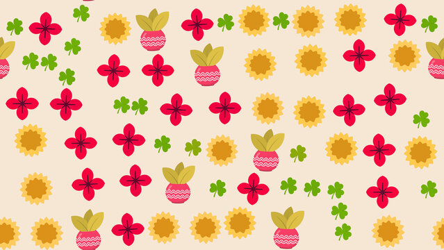 Stylized floral and clover seamless pattern