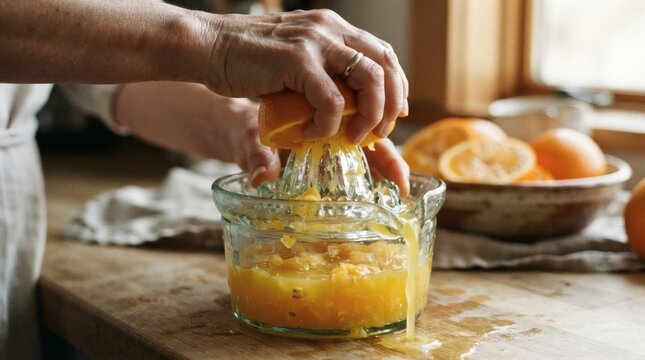 Hands squeezing fresh orange juice into a glass juicer on a wooden table