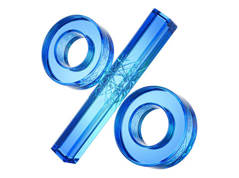 Blue glass percentage symbol with crystal texture for discount promotions and financial interest rate marketing graphics.