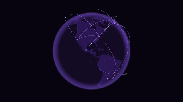 Global network: glowing connection arcs over a rotating 3D globe. Seamless looping 4K animation of a worldwide network of connections between major cities.