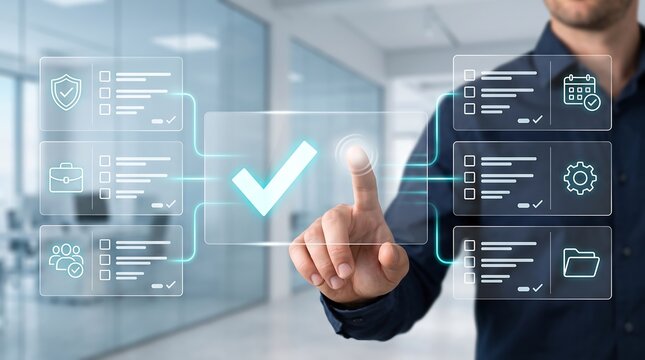 Business manager using digital interface to review compliance documentation and quality assurance standards with interactive checkmark icons for organizational process efficiency