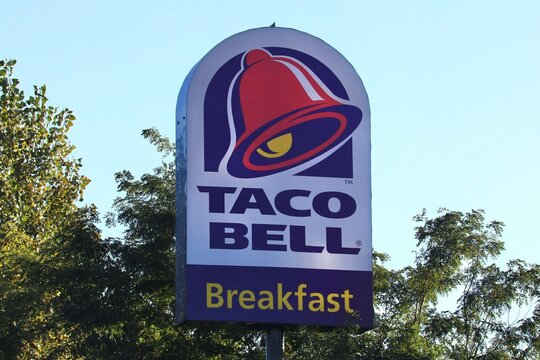 Taco Bell logo is displayed at a Taco Bell restaurant 