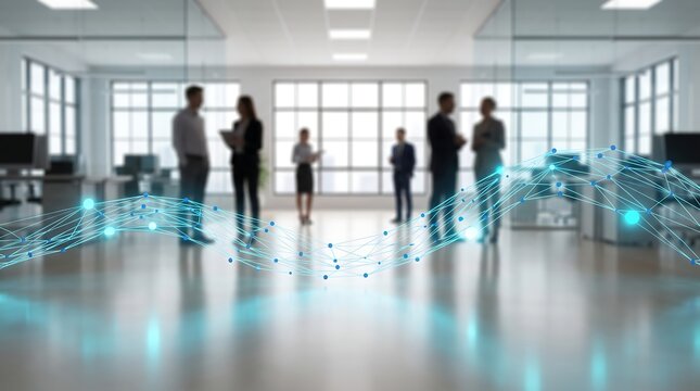 Silhouetted business professionals walking through modern corporate office hallway with glowing digital data wave visualization representing information flow and connectivity