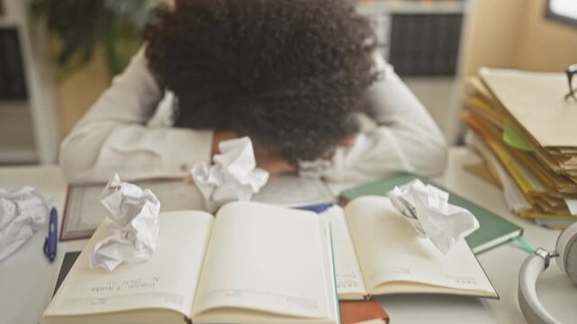 Woman studying at desk with open book and crumpled paper, hands on head gesture and stack of folders visible in building; frustration focus.