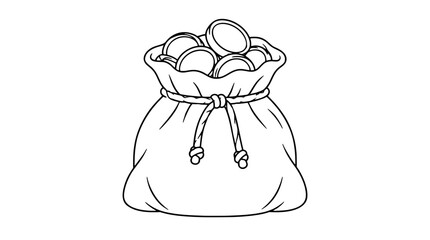 Black outline vector icon of a tied cloth money sack overflowing with a cluster of round coins, gathered folds, knotted drawstring with tassel ends drawn with bold black lines in centered front view © Madison