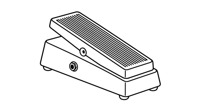 Black outline vector icon of a guitar wah pedal with ribbed inclined treadle rocker, wedge base, side jack socket, pivot bolt and small feet drawn with medium lines in dynamic side angle