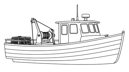 Black outline vector icon of a lobster boat with planked hull, cabin windows, mast antenna, deck winch and stern traps, drawn with thin black lines in side profile composition showing fishing gear © Patrick