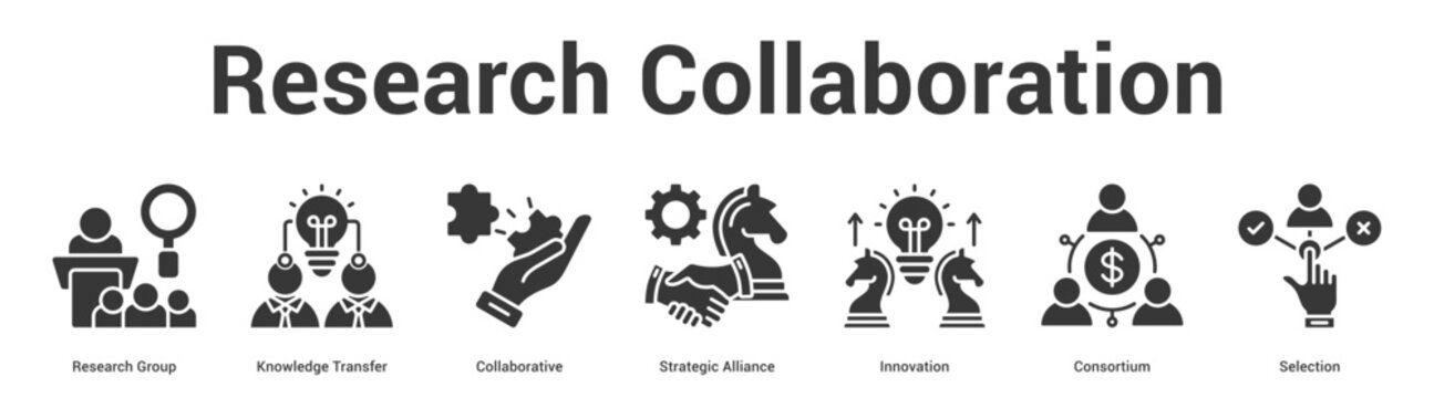 Research Collaboration web banner icon set vector illustration concept for business with icon of Research Group, Knowledge Transfer, Collaborative, Strategic Alliance, Innovati.