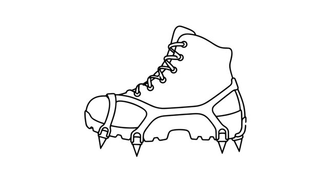 Black outline vector icon of a lace up hiking boot fitted with spiked ice cleats strapped over sole showing four triangular points eyelets and tread drawn with medium bold lines in lateral profile