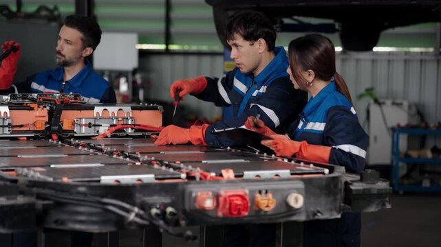 Battery test begins as the center mechanic touches probes to the EV battery pack and a teammate picks up a tablet