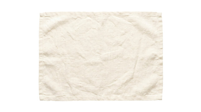 Blank beige fabric napkin with wrinkles and folded borders isolated on transparent background