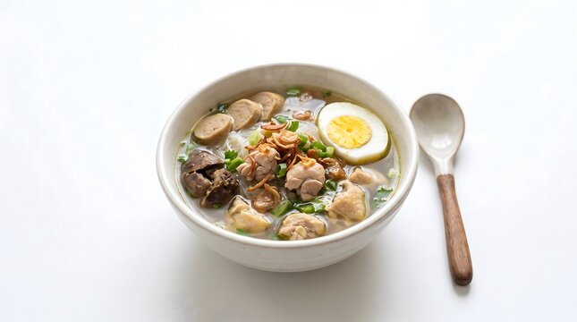 A ceramic bowl filled with Asian chicken noodle soup, boiled egg, meat slices, and fried onions, isolated on a bright white background.
