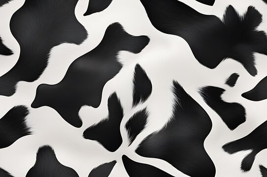 Seamless repeating pattern featuring black and white cow hide spots with organic shapes and soft fur texture on a light background.