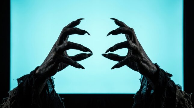 Two eerie, dark, and withered monster hands with sharp claws and tattered sleeves reaching upwards from the bottom, silhouetted against a bright, luminous light blue background, creating a creepy Hall