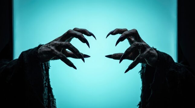 Two grotesque, clawed hands with long, dark, sharp nails and wrinkled skin reaching inwards, framed by tattered sleeves, creating an ominous symmetrical composition against a glowing teal background,