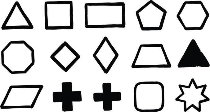 Hand Drawn Geometric Shapes Set, Vector 2D Basic Geometry Doodles and Polygons