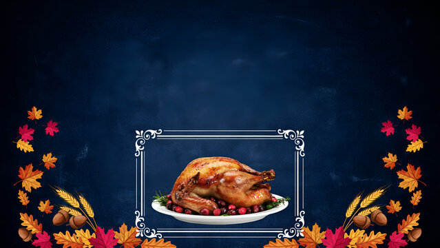 Roasted thanksgiving turkey on a platter with cranberries and herbs, framed by autumn leaves, wheat stalks, and acorns on a dark blue background