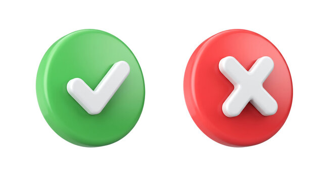 Green checkmark and red cross 3d buttons on transparent background.