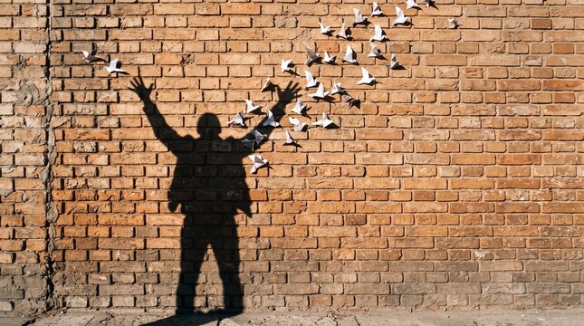 Conceptual image for Human Rights Day showing a person shadow with open arms transforming into flying paper birds on a brick wall, symbolizing freedom, liberation, and hope