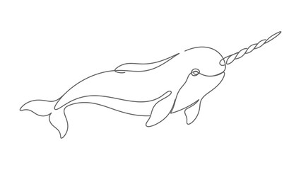 Narwhal Unicorn of the Sea: A minimalist single line drawing captures the essence of a narwhal, the enigmatic whale known for its long, spiraled tusk, swimming gracefully in the ocean depths. © Halima