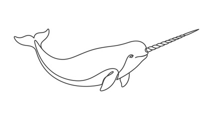 Narwhal Illustration: A minimalist line drawing of a narwhal, showcasing its distinctive long tusk, elegantly swimming. © Halima