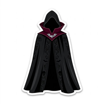 Black hooded cloak costume prop for vampire or Grim Reaper, flat vector illustration die-cut sticker style isolated on clean white background.