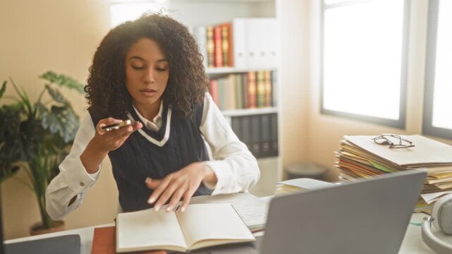 Woman holds smartphone to her mouth while turning book pages at a desk in a building; concentration studying learning.