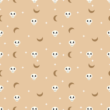 Pastel Beige Cute Skull and Crescent Moon Seamless Halloween Pattern