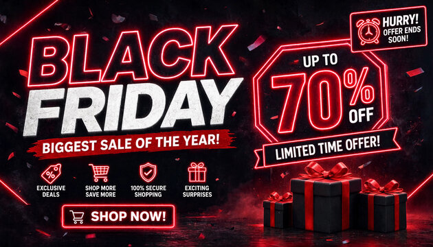 Black Friday sale banner showcasing up to 70 percent off discount with shopping icons and urgency text