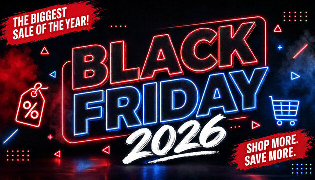 Black Friday 2026 sale promotion with neon shopping icons and discount tags on transparent background