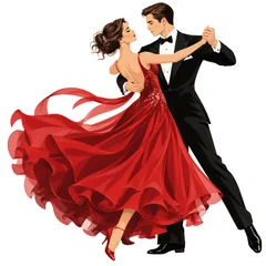 Elegant Ballroom Dancing Couple in Red Dress and Black Tuxedo © Evdoha