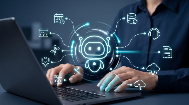 Professional business person using laptop with glowing holographic robot interface for automated workflow orchestration and artificial intelligence data management in modern corporate environment