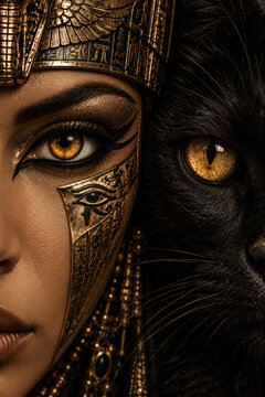 Egyptian Woman and Black Cat Golden Eyes Mystical Close Up