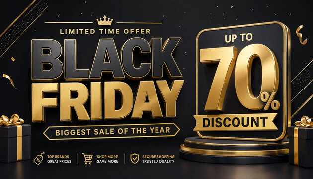 Black Friday sale banner showcasing up to 70 percent discount with golden text and gift elements