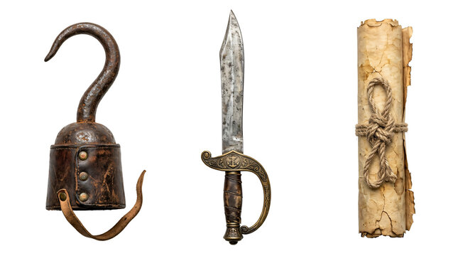 Vintage pirate hook weapon dagger and rolled parchment map isolated on transparent background