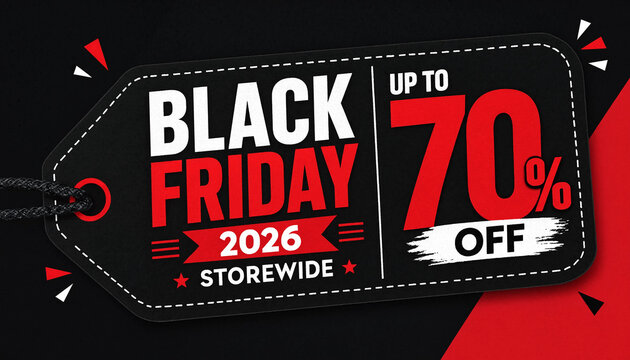 Black Friday 2026 sale tag showing up to 70 percent off storewide discount with transparent background