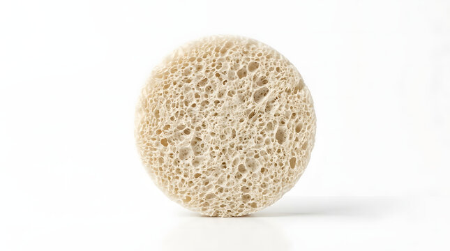 Natural round facial cleansing konjac sponge isolated on white background for skincare and exfoliation routines.