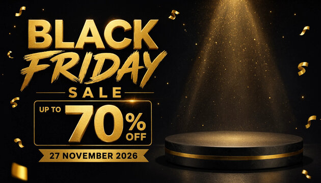 Black Friday sale podium banner showcasing up to 70 percent discount with spotlight effect