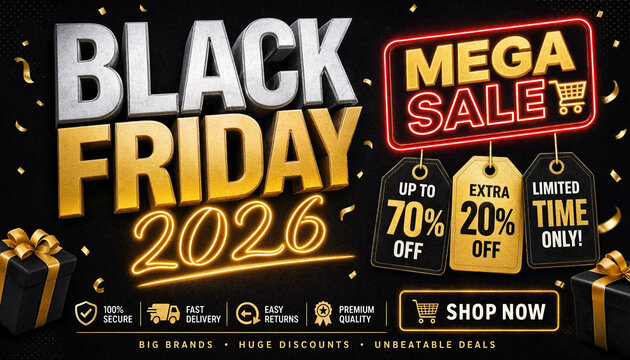 Black Friday 2026 mega sale banner with discount tags and shopping cart icons