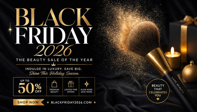 Black Friday beauty sale banner showcasing luxury discounts with glitter explosion and candles